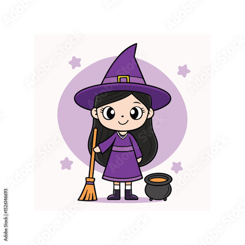 Cute cartoon witch wearing purple outfit and hat for halloween holiday celebration