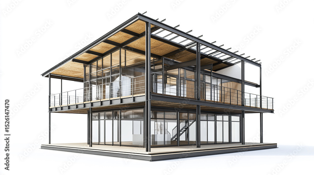 Modern steel frame house design with large glass windows and open spaces Modern steel frame house design with large glass windows and open spaces