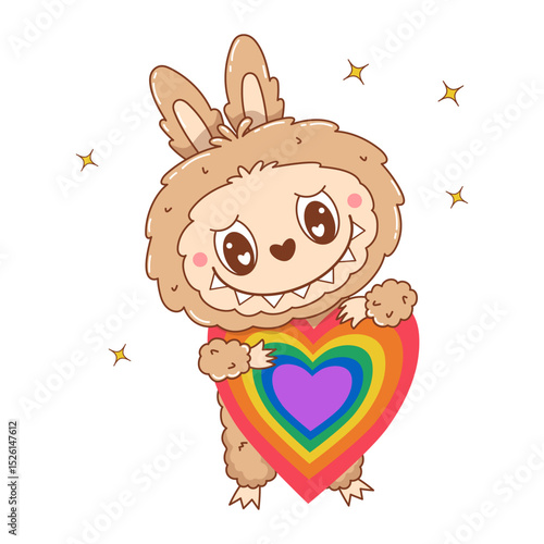 Cute Monster Toy with rainbow lgbt Heart. LGBTQ community. Funny kawaii character. Holiday Pride month. Vector illustration
