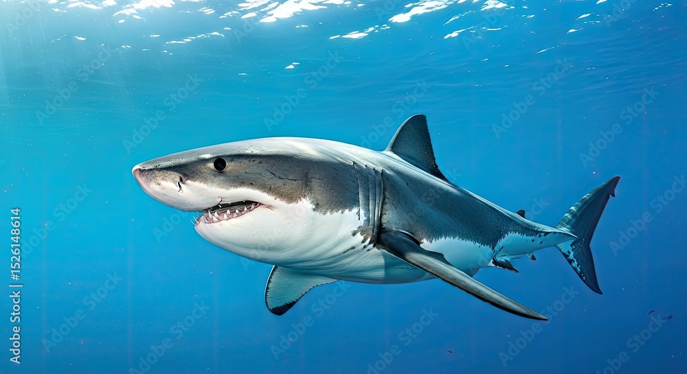 Fototapeta premium Powerful Great White Shark Underwater View Apex Predator Ocean Wildlife