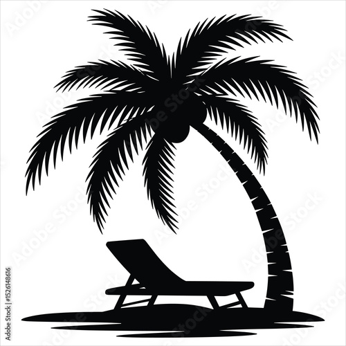 a beach scene with a single sun lounger placed under a tall, curved palm tree