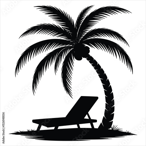 a beach scene with a single sun lounger placed under a tall, curved palm tree