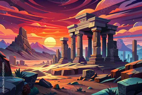 Vector illustration of a peaceful sunrise casting warm light over ancient stone ruins ideal for historical landscapes, cultural scenes, and tranquil conceptual art
