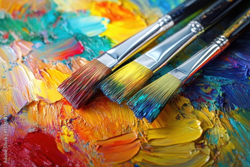 Fototapeta premium Vibrant paintbrushes create stunning colorful artwork on a textured palette in a bright studio during a creative afternoon session