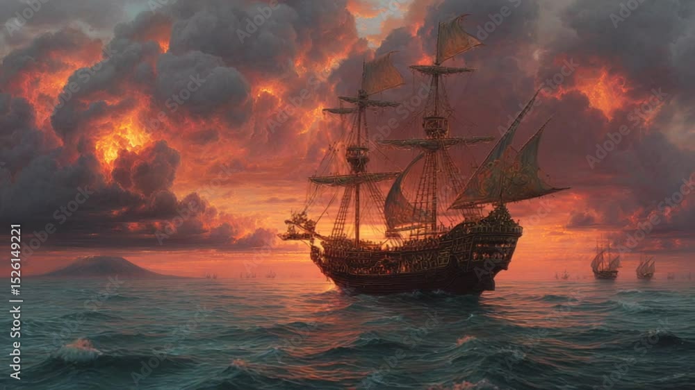 Majestic ship sailing at sunset with dramatic clouds and sea Majestic ship sailing at sunset with dramatic clouds and sea