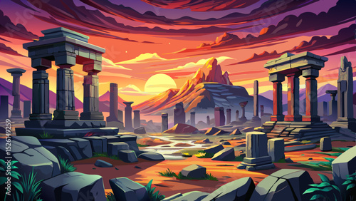 Vector illustration of a peaceful sunrise casting warm light over ancient stone ruins ideal for historical landscapes, cultural scenes, and tranquil conceptual art