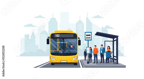 Dynamic flat vector illustration of a bus station: a yellow bus waiting as passengers stand under a shelter with route signs. Represents public urban transportation and city life