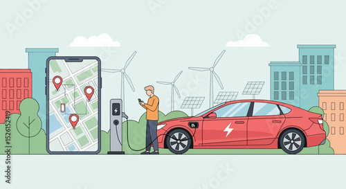 Sustainable urban mobility flat vector: A man charges his red electric car using a charging station, guided by a map app on his phone. Wind turbines and solar panels in the cityscape green energy