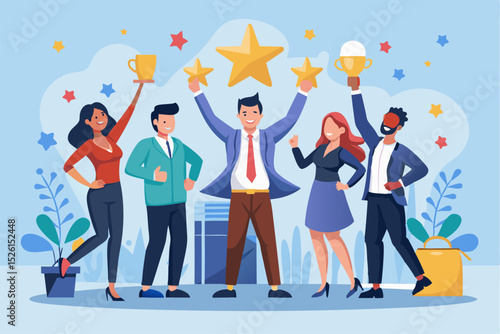 A flat vector illustration of five business people holding large golden stars, symbolizing teamwork, customer satisfaction, five-star ratings, and positive reviews. 