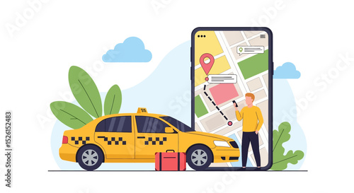 Convenient flat vector illustration: A man with luggage calls a taxi service using his phone, with a yellow taxi cab and a map displayed nearby. Urban transportation solution
