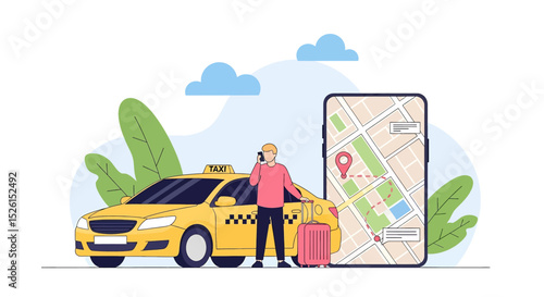 Convenient flat vector illustration: A man with luggage calls a taxi service using his phone, with a yellow taxi cab and a map displayed nearby. Urban transportation solution
