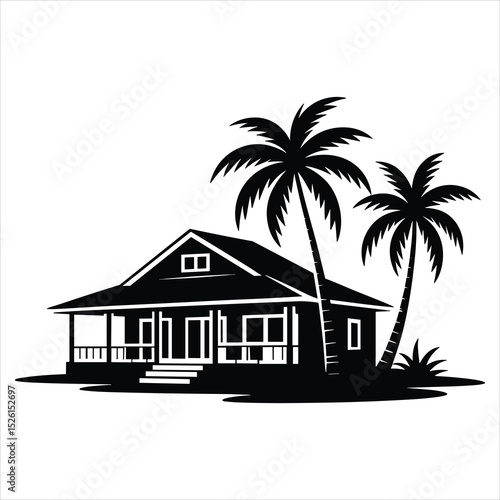 a beachfront villa with simple architectural features like a pitched roof, windows, and a porch ,two or three tall palm trees with distinct fronds positioned beside the villa