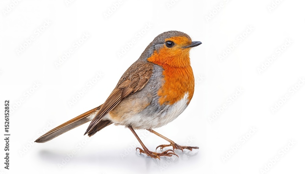 Fototapeta premium European Robin in Vivid Contrast Striking OrangeChested Bird Perched against a White Backdrop, showcasing its Grey Feathers and Natural Grace on a Crisp, Clear Day