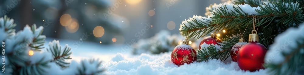 Elegant snow-covered pines, delicate baubles, rustic charm , frosty, traditional, element Elegant snow-covered pines, delicate baubles, rustic charm , frosty, traditional, element