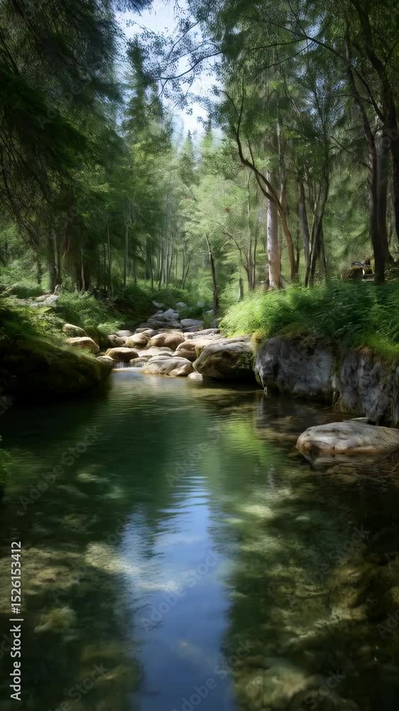 Picturesque forest stream flowing over rocks and through lush trees in a serene landscape, creating a tranquil natural scene. Picturesque forest stream flowing over rocks and through lush trees in a serene landscape, creating a tranquil natural scene.