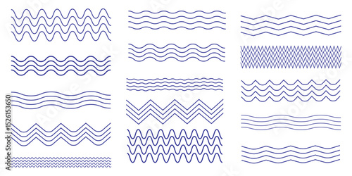 Set of corrugated blue waves, line flat vector wriggle decoration, vawes line set