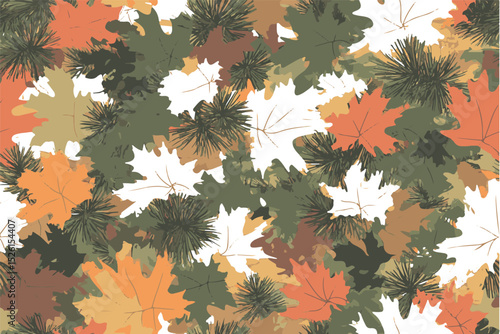 A camouflage pattern featuring the colors of autumn leaves and pine trees, with small tree trunks visible in between for texture.