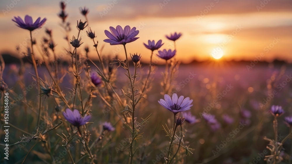 Fototapeta premium Sunset Meadow Purple Flowers at Golden Hour