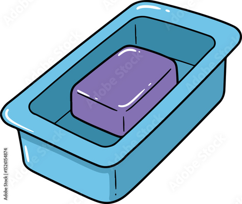 Cartoon Soap Bar in Blue Soap Dish Illustration – Bathroom Accessory for Handwashing, Hygiene, and Cleanliness

