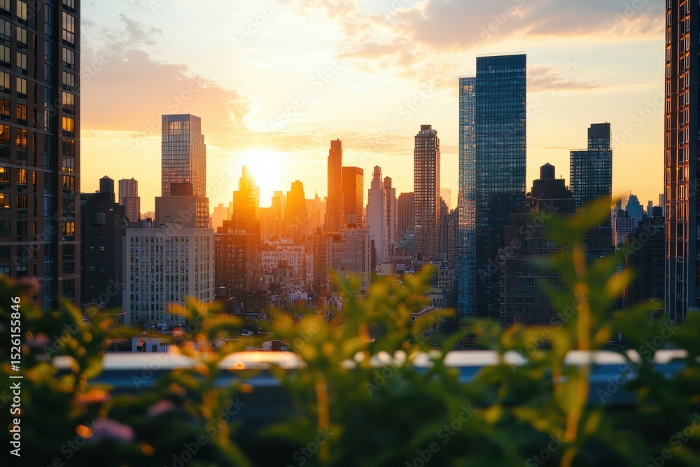 Fototapeta premium Stunning sunset view of a bustling city skyline from a lush rooftop garden