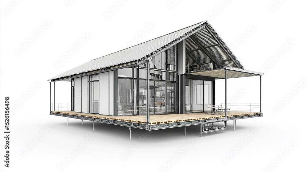 Obraz premium Modern steel frame house design with spacious layout and large windows, showcasing contemporary