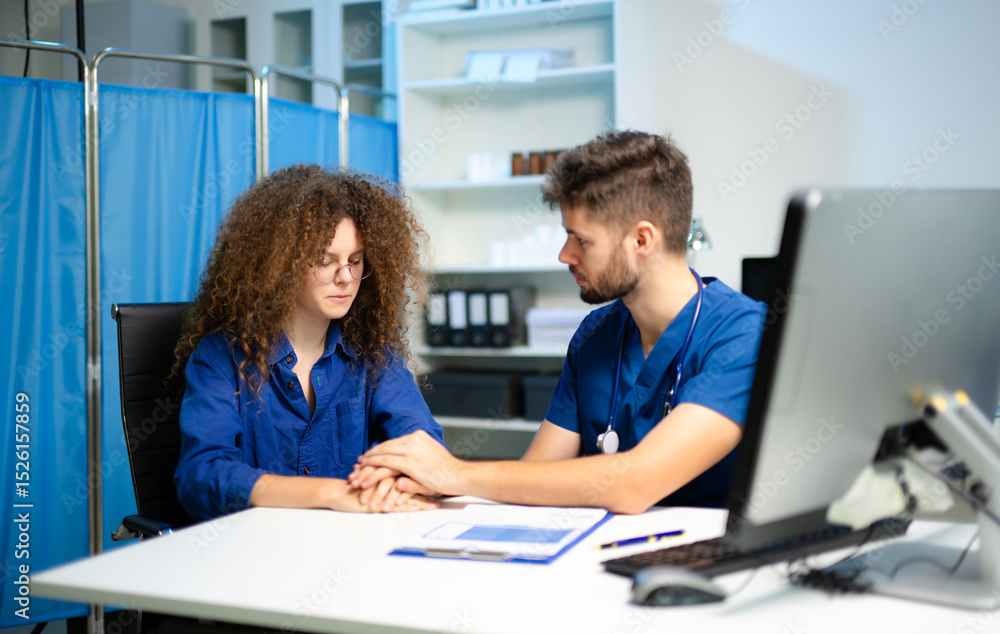 Obraz premium A compassionate doctor comforts a stressed female patient during a sensitive consultation. Concept of empathy, support