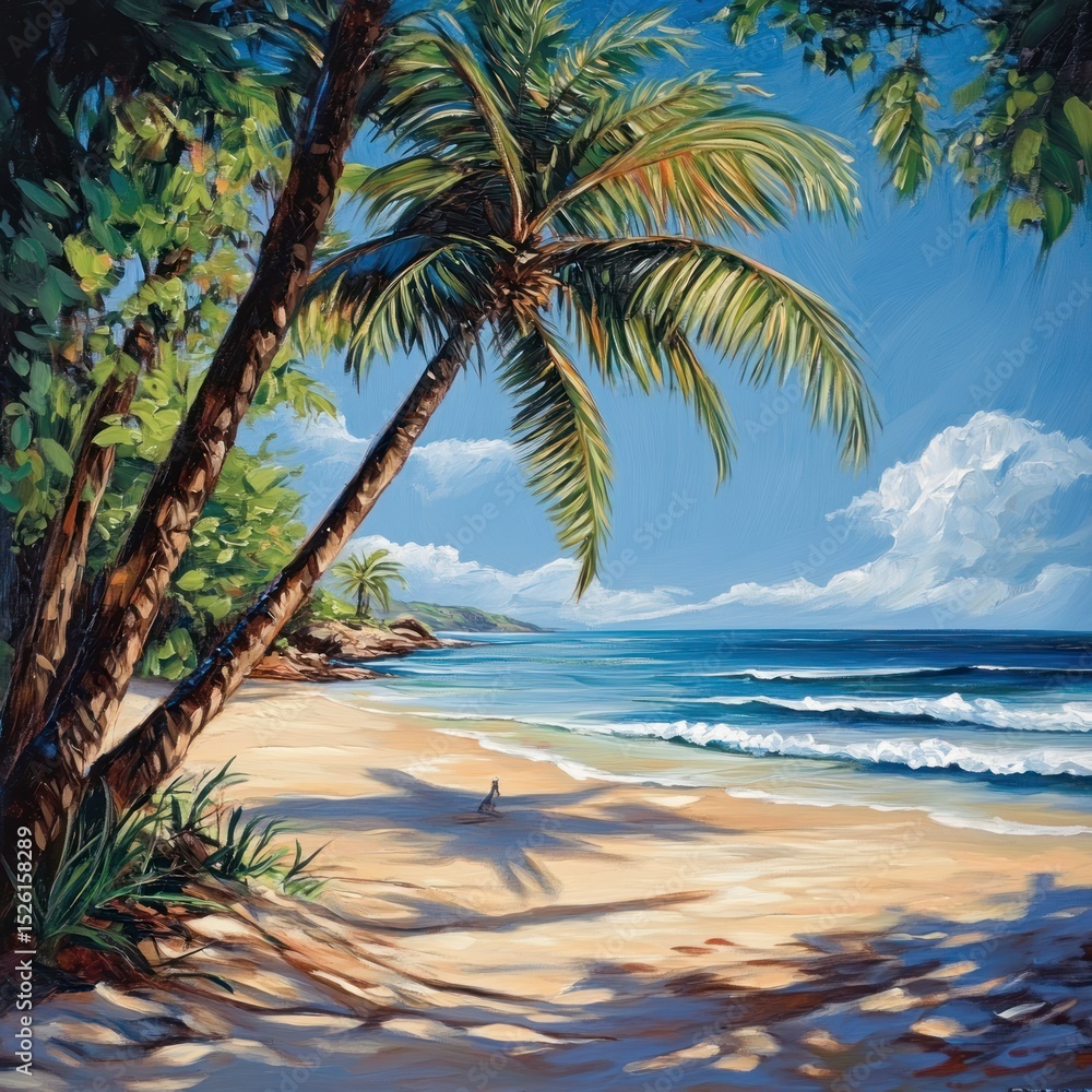 Obraz premium A serene beach scene with palm trees, a person walking on the sand, and a clear blue sky with white clouds.