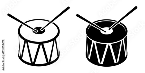 Linear icon, isometric drum with drumsticks musical instrument. Percussion musical instrument. Simple black and white top view vector isolated on white background