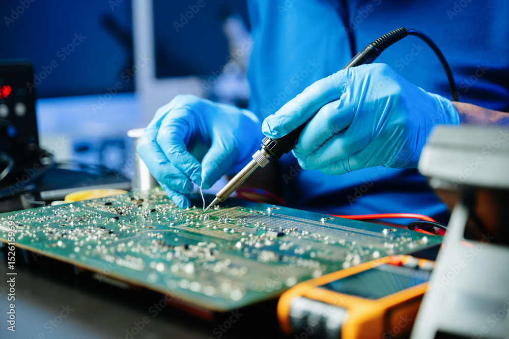Ταπετσαρία Closeup of expert soldering a green PCB board using precision tools