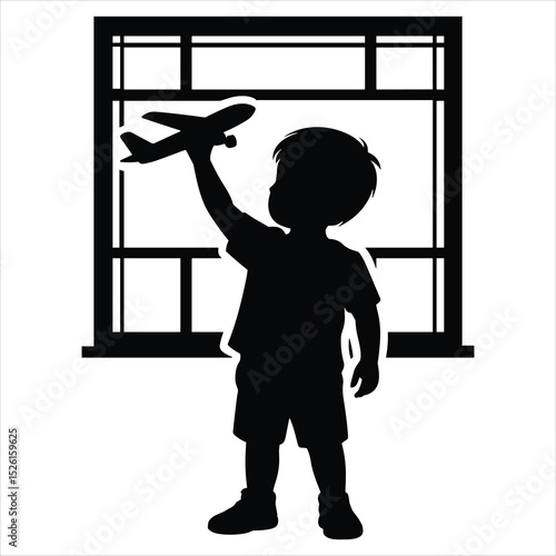 a child standing by a large airport window, holding a toy airplane up high with one hand