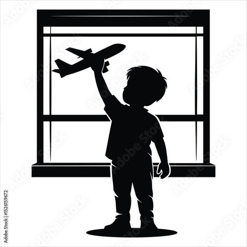 a child standing by a large airport window, holding a toy airplane up high with one hand