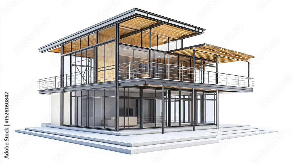 Modern steel frame house with large glass windows and wooden accents, showcasing contemporary Modern steel frame house with large glass windows and wooden accents, showcasing contemporary