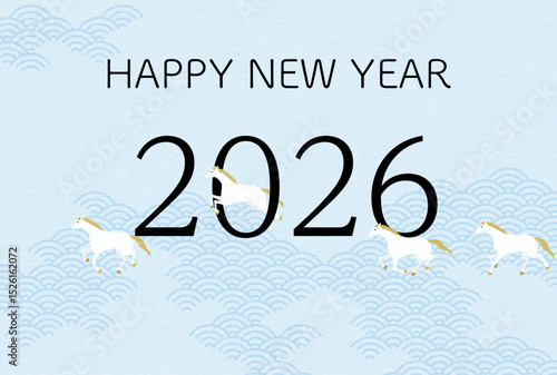 2026年午年年賀状、競争する白馬たち、年賀はがき素材