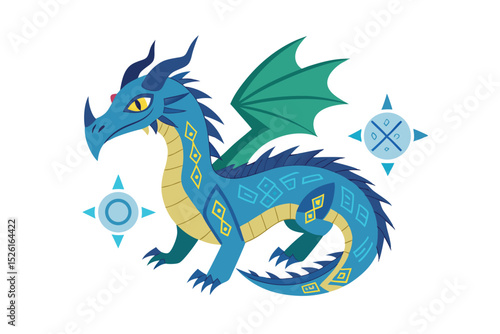 Fantasy dragon surrounded by runes and symbols vector art illustration