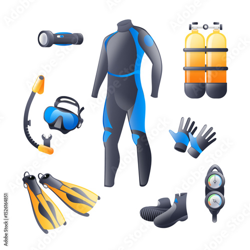 Diving equipment kit. Man's Scuba Snorkeling gear and accessories. IDiver wetsuit, scuba mask, snorkel, fins, regulator dive icons. Underwater activity sport. Realistic 3D isometric style. Vector set.