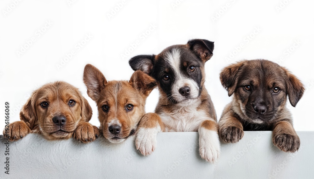 Four Playful Puppies Frolicking Above a Banner on a Vibrant Spring Day, Full of Joy and Energy in a Lush Green Meadow, Amidst Blooming Daisies and Sunflowers. Four Playful Puppies Frolicking Above a Banner on a Vibrant Spring Day, Full of Joy and Energy in a Lush Green Meadow, Amidst Blooming Daisies and Sunflowers.
