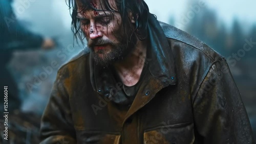 Close up of a man  with blood on face.A beaten man with wounds on his face goes, stumbling in the rain. The concept of suffering and torment