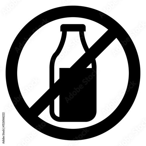 Logo lactosa free. Icono con símbolo prohibición con botella de leche. Bebida apta para personas intolerantes a la lactosa y alérgicas.