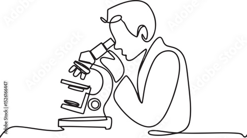 Continuous one line drawing of a scientist using a microscope in a laboratory, minimal outline vector illustration of medical research scene

