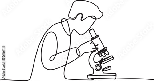 Continuous one line drawing of a scientist using a microscope in a laboratory, minimal outline vector illustration of medical research scene

