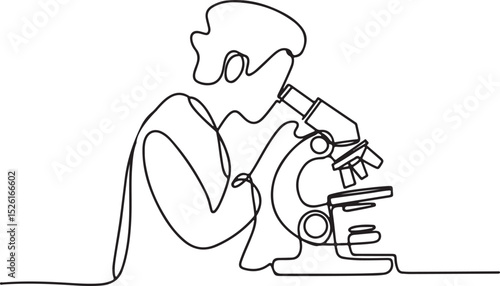 Continuous one line drawing of a scientist using a microscope in a laboratory, minimal outline vector illustration of medical research scene

