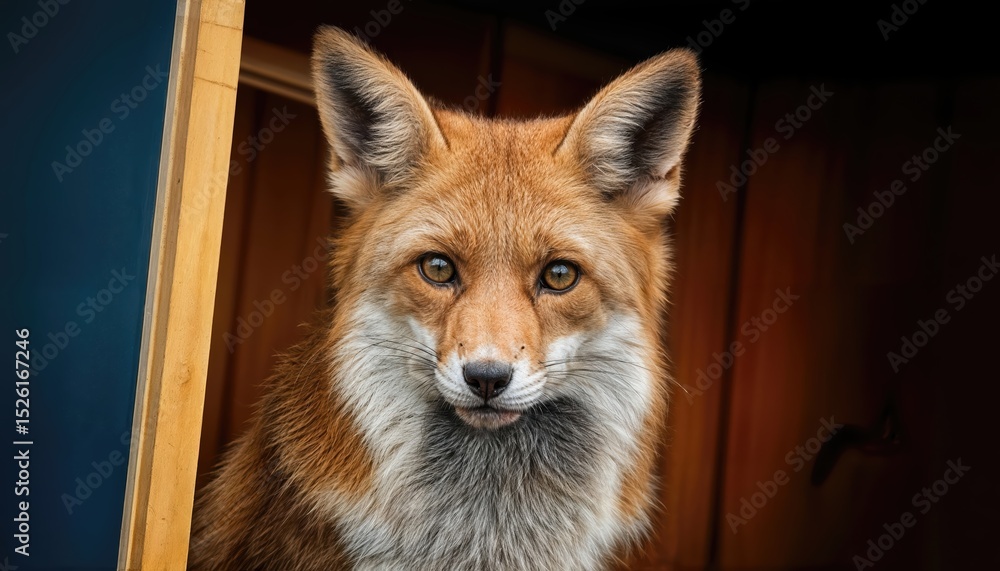 Fototapeta premium Vivid Fox in a Striped Photo Booth Backdrop, Basking under the Soft Glow of Twilights Warm Amber Tones, Capturing Whimsical Elegance and Mystery within an Urban Setting.