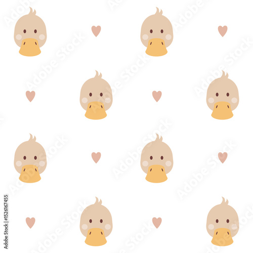 Funny duckling muzzles wallpaper. vector seamless pattern with a heads of ducks and hearts. Texture for textile with nice cartoon characters. Repeat ornament with little domestic birds in a flat style