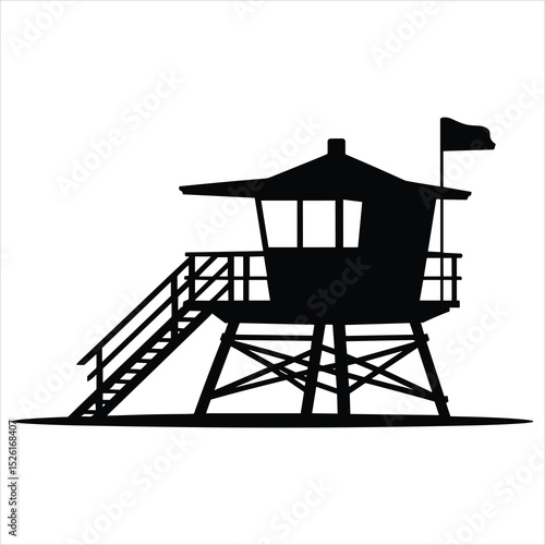 a classic lifeguard tower on stilts with a small cabin, ladder, and safety railings