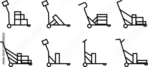 silhouette of hand Pallet Jack Vector Icon set , Premium download icons of luggage cart Logistics Delivery, Minimalist template design elements, Jack Stacked With Boxes Thin Line art, for mobile app