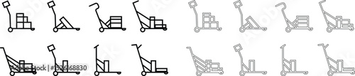 silhouette of hand Pallet Jack Vector Icon set , Premium download icons of luggage cart Logistics Delivery, Minimalist template design elements, Jack Stacked With Boxes Thin Line art, for mobile app