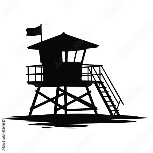 a classic lifeguard tower on stilts with a small cabin, ladder, and safety railings