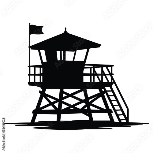 a classic lifeguard tower on stilts with a small cabin, ladder, and safety railings