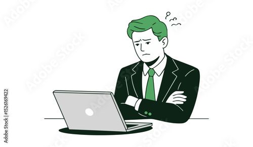 Focused Businessman with Laptop: Professional Male Character Working on Computer in Modern Vector Style

