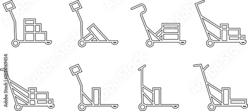 silhouette of hand Pallet Jack Vector Icon set , Premium download icons of luggage cart Logistics Delivery, Minimalist template design elements, Jack Stacked With Boxes Thin Line art, for mobile app